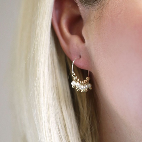 Silver Plated Wire Hoop Earrings with Golden Beads & Pearls by Peace of Mind